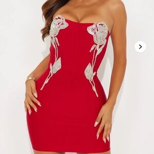 Fashion Nova Red Strapless Dress with Silver Accents